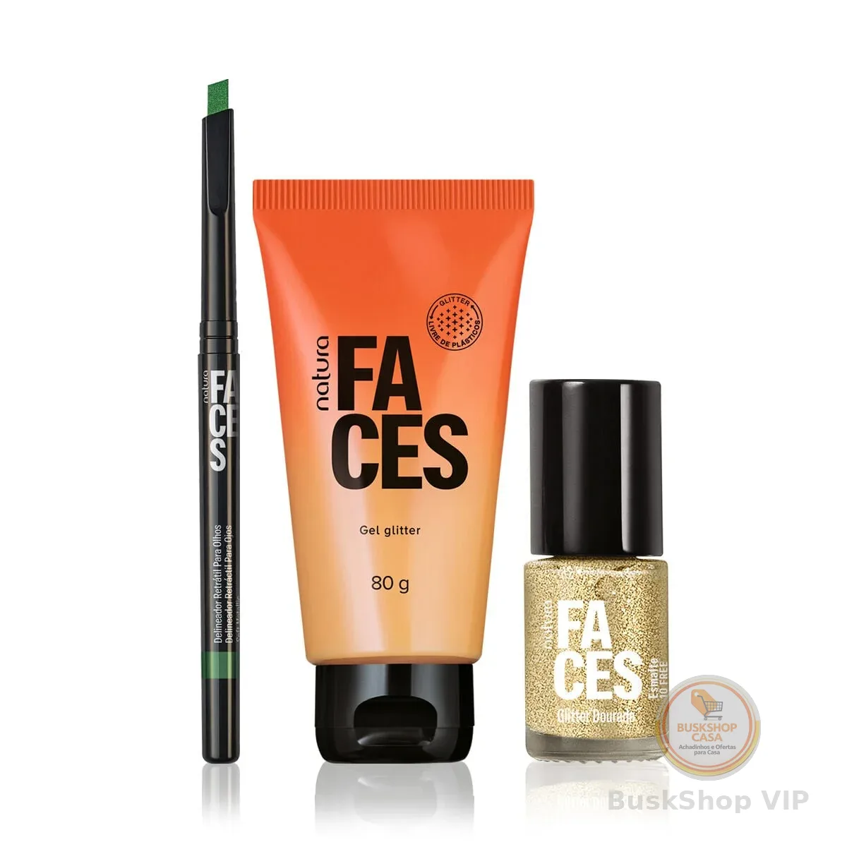 Kit Gel Glitter, Delineador Verde e Esmalte Dourado Natura Faces