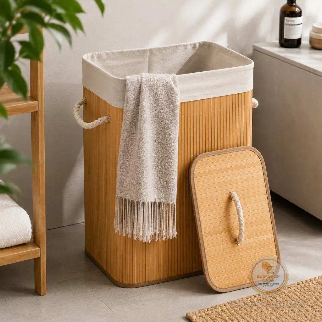 60L Cesto de Roupa Bambu Dobrável – Organizador com Revestimento Interno alta capacidade GRANDE
