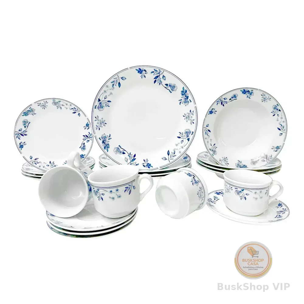 Jogo Aparelho De Jantar Mayara Em Porcelana 20 Peças Cor Branco E Azul Hauskraft Florido