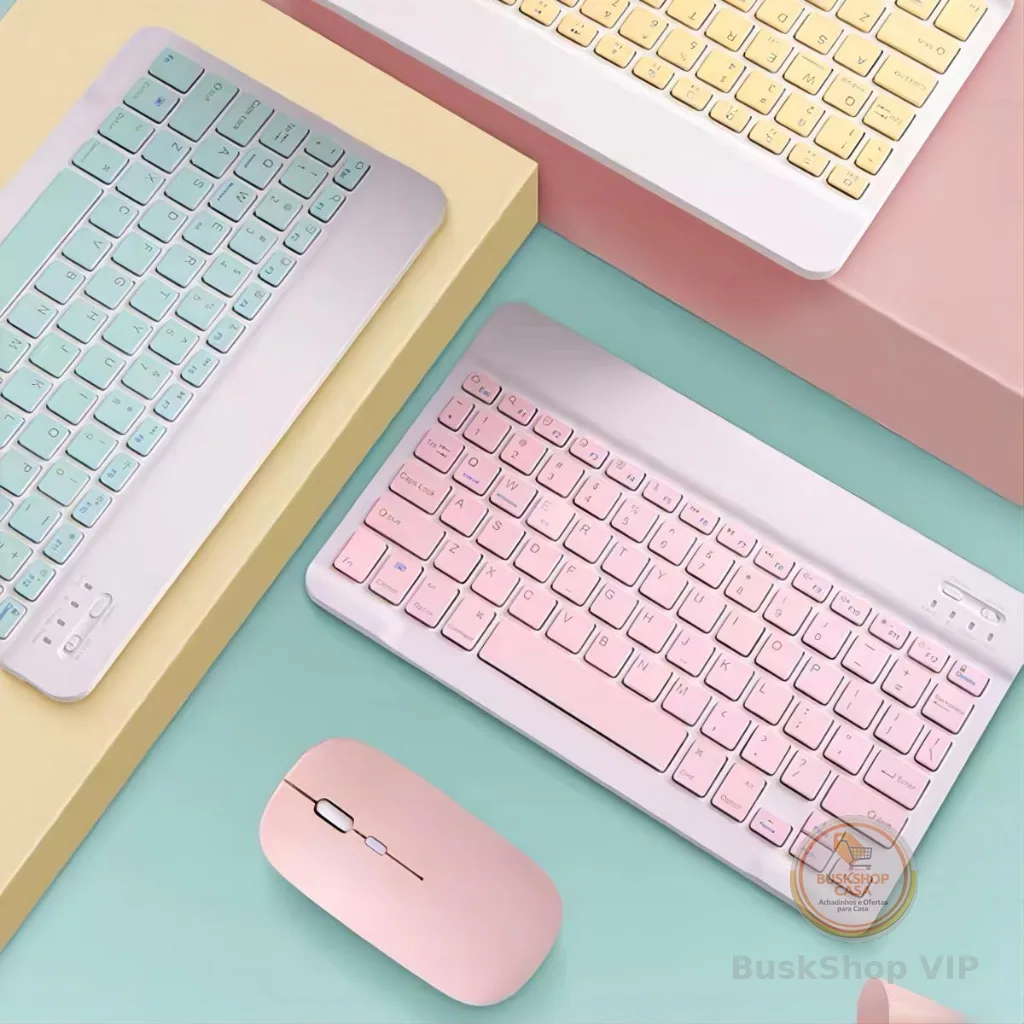 Kit Teclado e Mouse Sem Fio Bluetooth Colorido Macaron Para PC iPad Tablet Notebook