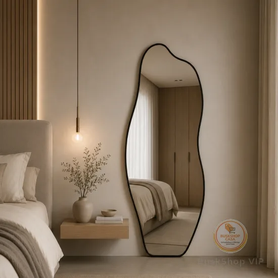 Espelho Orgânico Flame 120x50 Moldura Couro Grande Luxo Moderno Decorativo