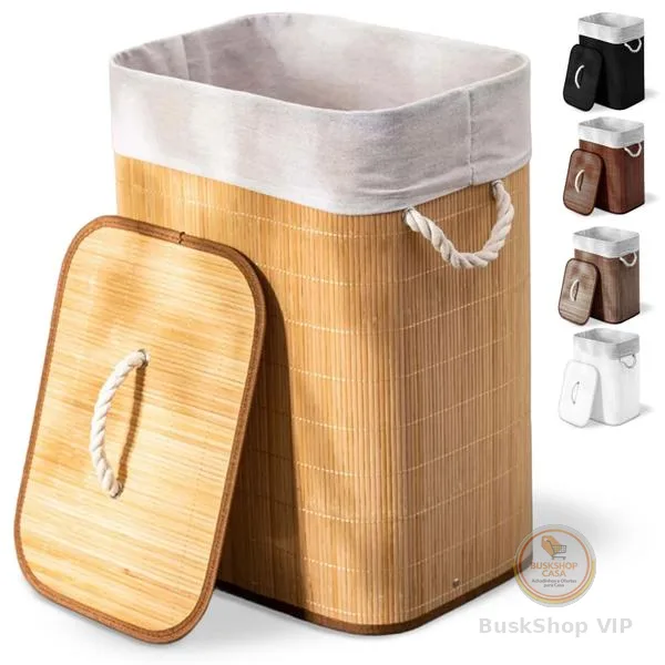 Cesto de roupa suja de bambu com tampa e alças 50 litros organizador lavanderia brinquedos