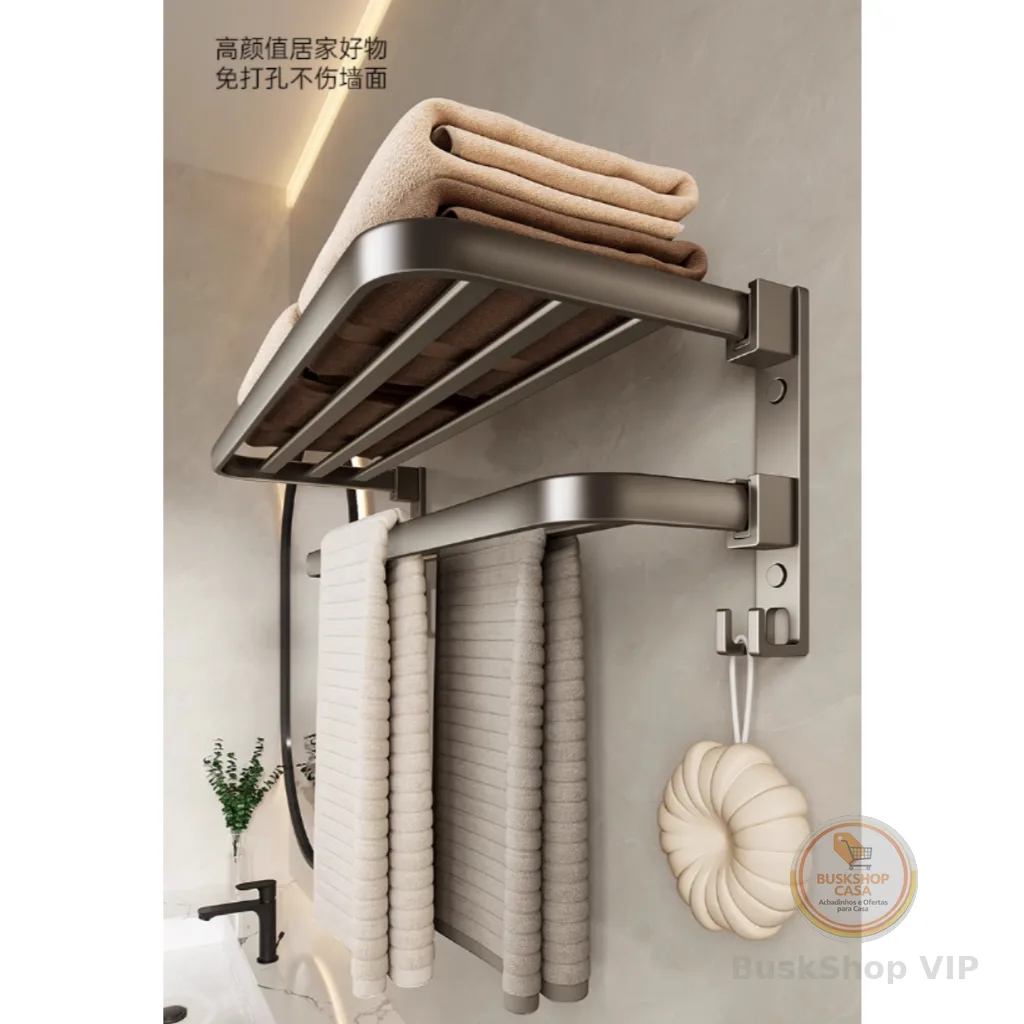 Porta Toalha Suporte Toalheiro Banheiro Duplo Aço Inox Premium Retratil 90° Sem adesivos, precisa fazer furos