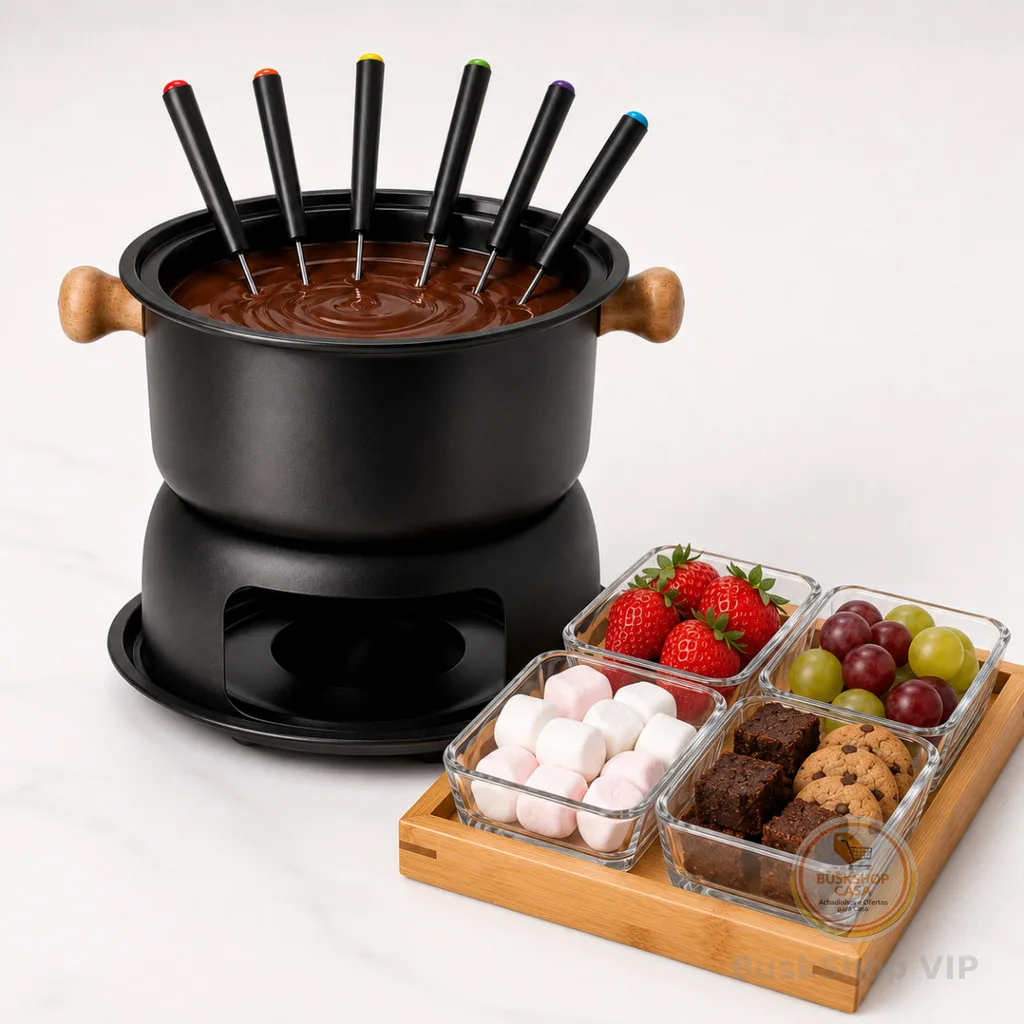 Conjunto Fondue 12 Peças Preto Chocolate Queijo com Petisqueira e Gamela