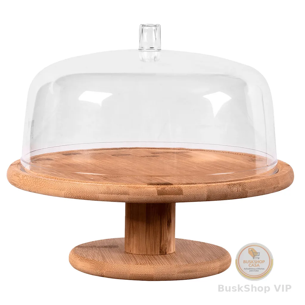 Boleira Pé Cúpula 27,5cm Sense Bambu Natural Tampa Acrílico Transparente Decoração Bolos Doces Ou