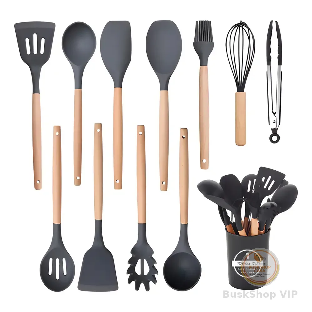 Jogo Utensílios Cozinha De Silicone Colher Espátula Concha Cor Preto