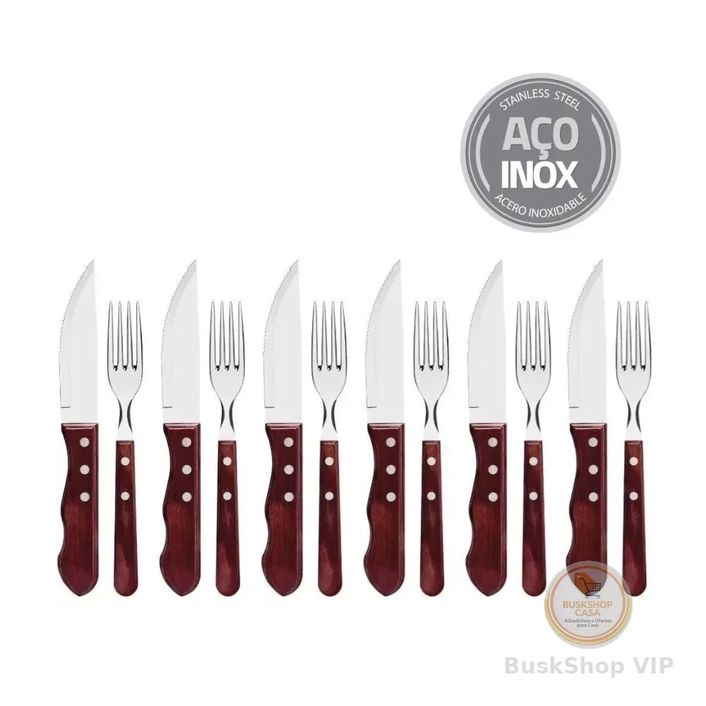 Jogo de Talheres Para Churrasco 12 Peças Jumbo Garfo Faca Aço Inox E Madeira
