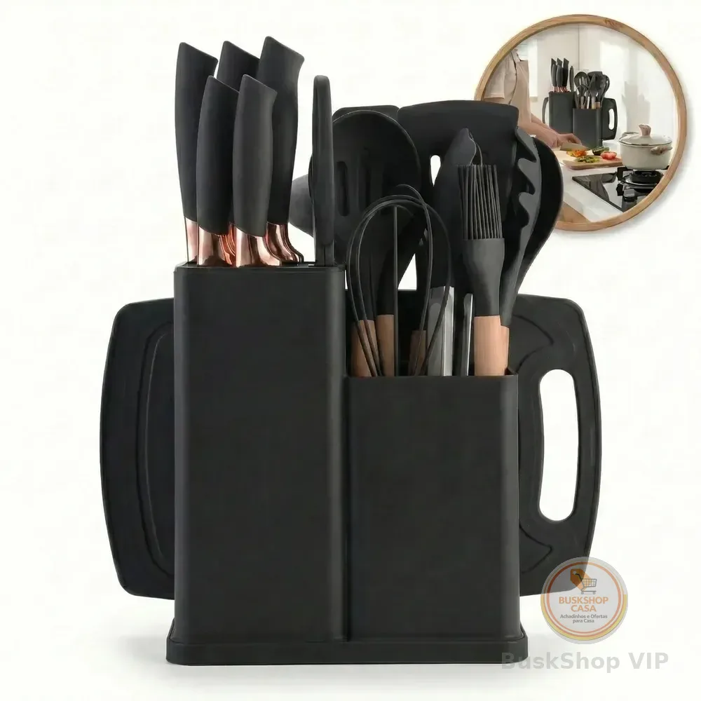 Kit Utensílios de Cozinha em Silicone Com Cabo de Madeira, 19 Peças, Preto