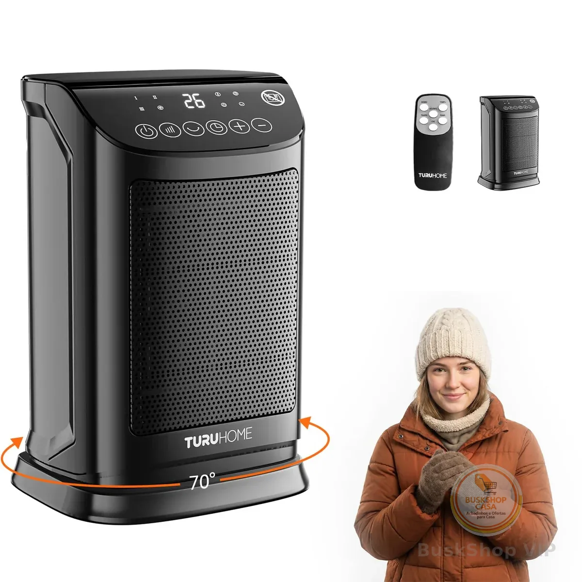 4 em 1 Ventilador de Ar Frio e Aquecedor,Termostato 10°C a 30°C, Oscilação 70° Timer 12h Controle Remoto, Aquecedor Cerâmico PTC, Proteção térmica, Pequeno para Quarto Escritório (220V)