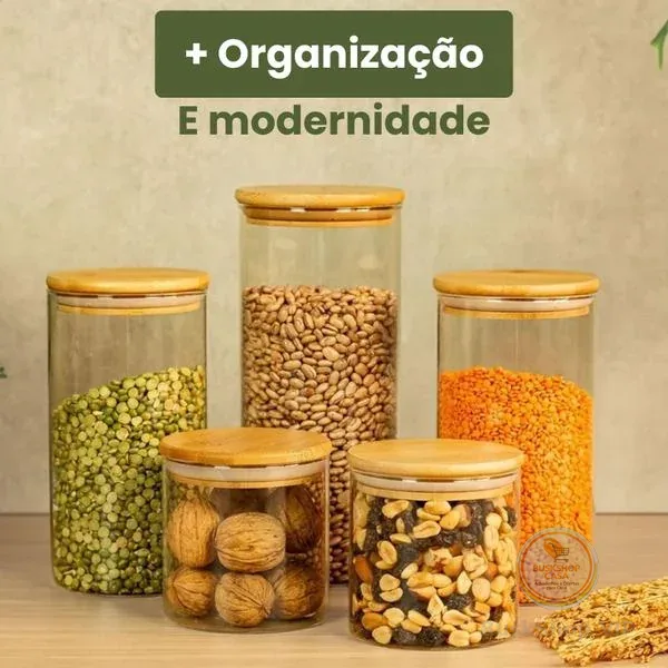 Pote de Vidro Hermético Transparente Kit 5 Potes Tampa Bambu