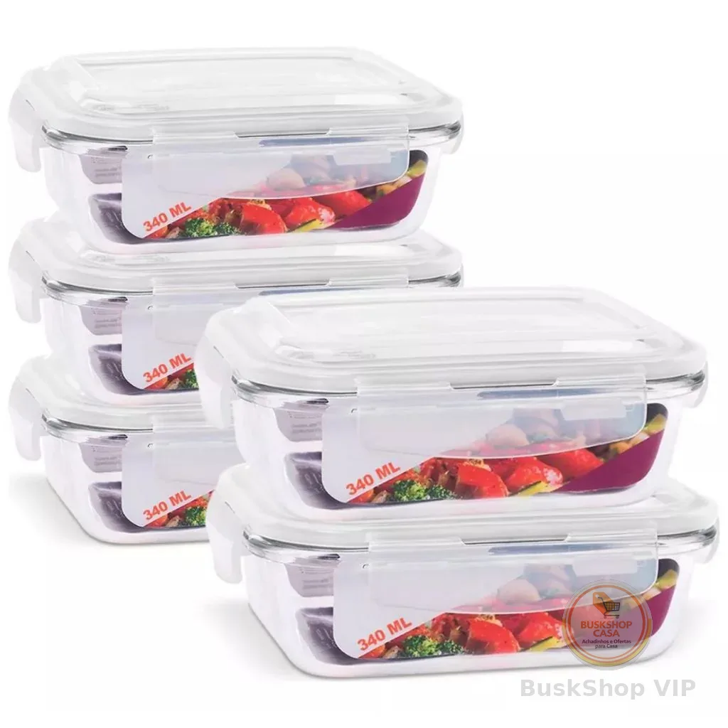 Kit 05 Pote Hermético de Vidro 370ml C/ Valvula Ar Marmita Fit Freezer Microondas Geladeira
