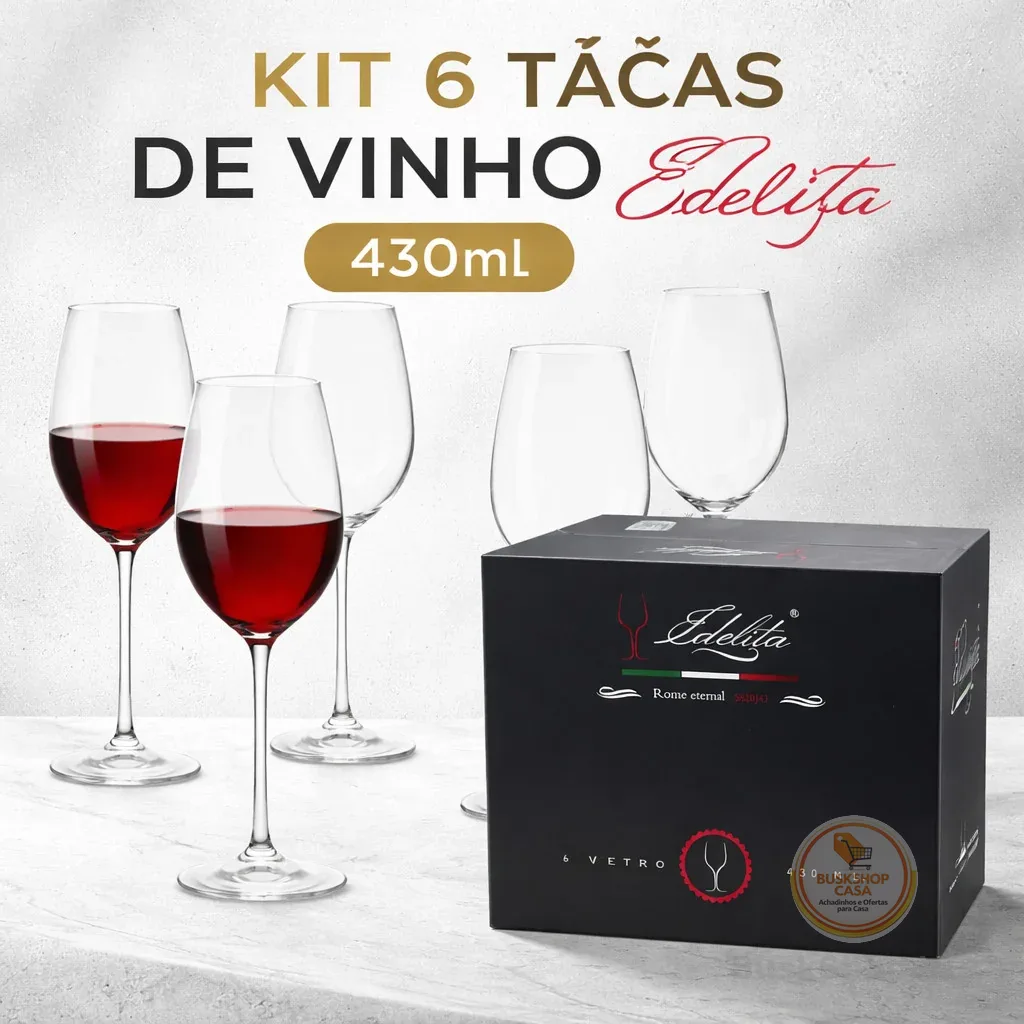 Conjunto 6 Taças de Vinho Edelita 430ml Vidro Resistente