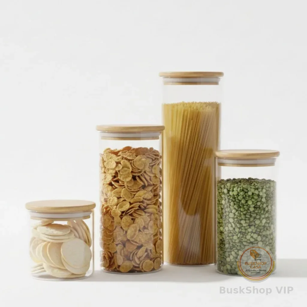 Kit 4 Potes Herméticos Vidro Tampa Bambu Mantimentos Cozinha