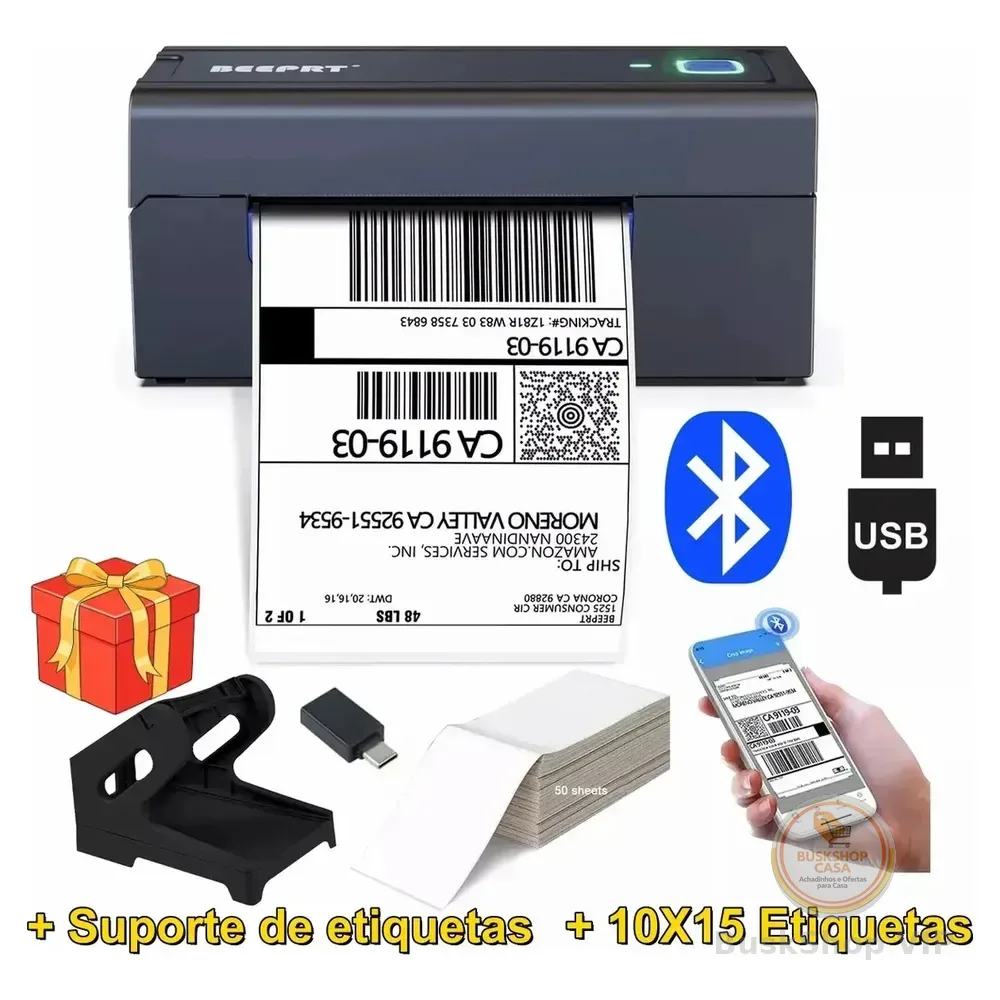 Impressora Térmica Bluetooth Usb 110mm Código De Barras E Etiquetas + Suporte + Etiqueta Adesivas 10 X 15 Cm Portátil... Cinzento Escuro