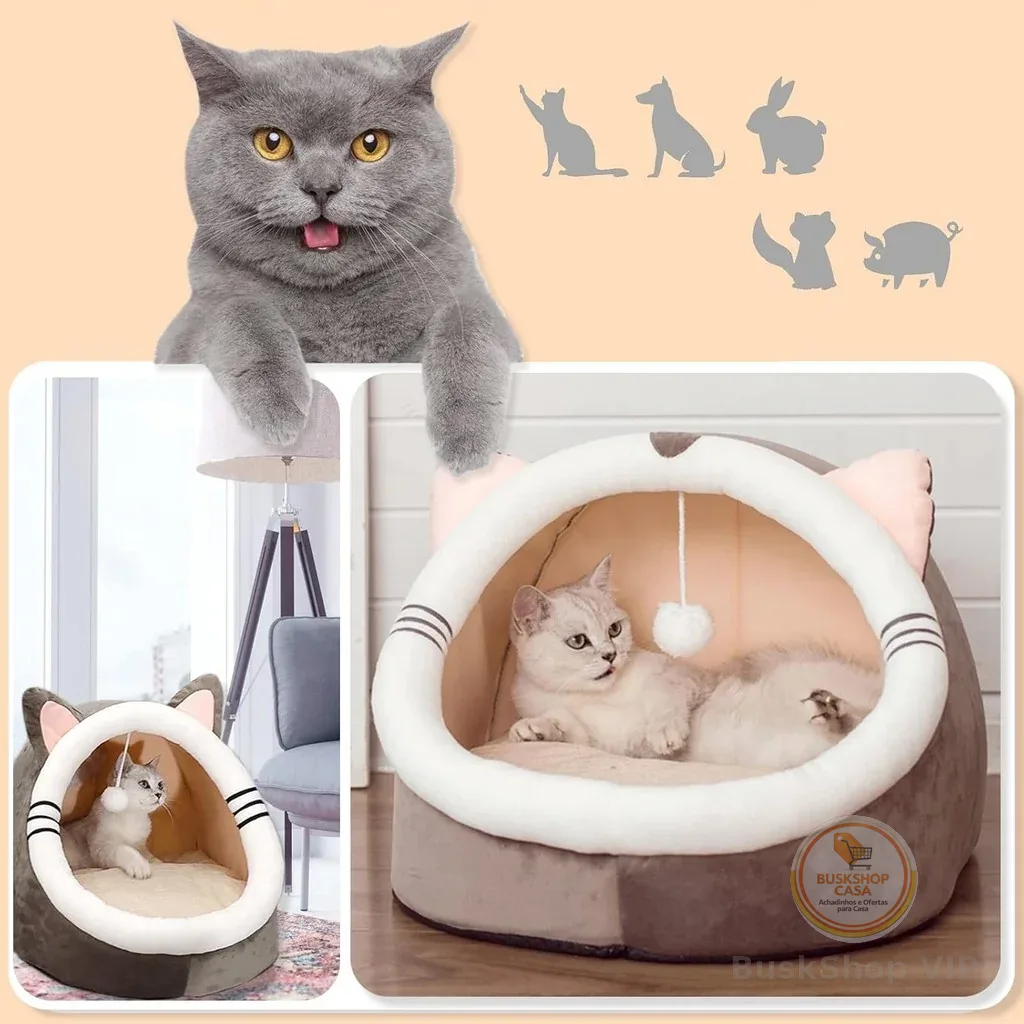 Cama Cabana Pet Formato de Gato Toca com Bolinha Interativa