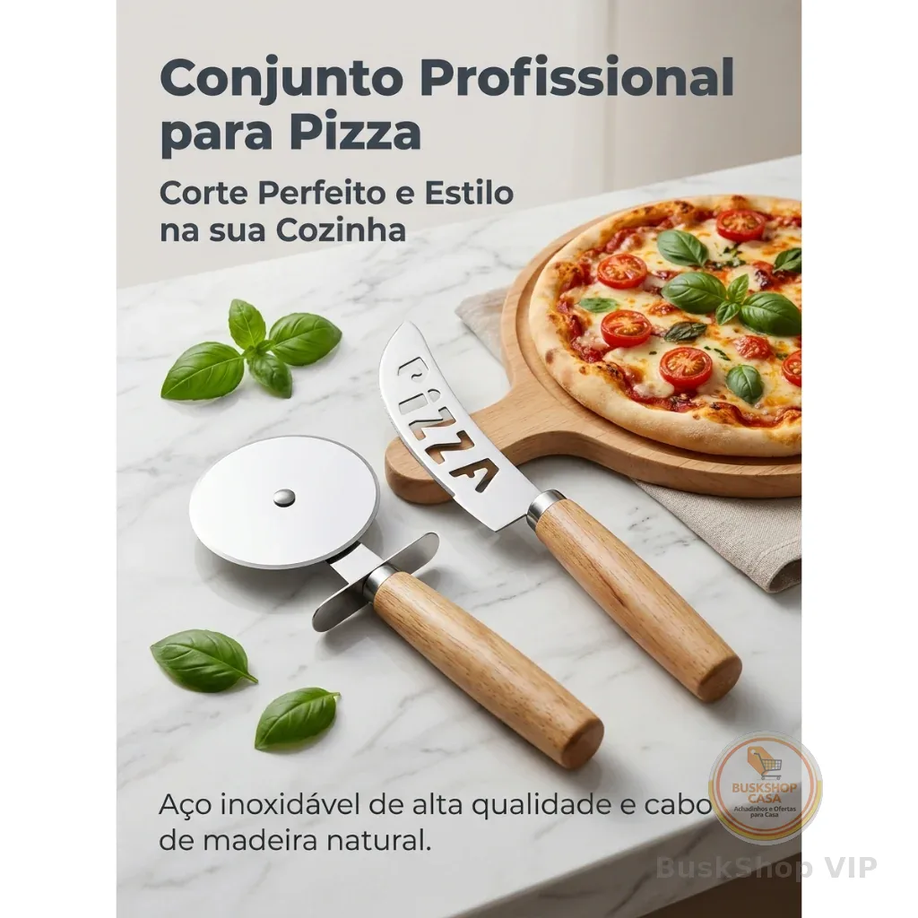 Kit Cortador De Pizza BOLO Em Inox Cabo Madeira