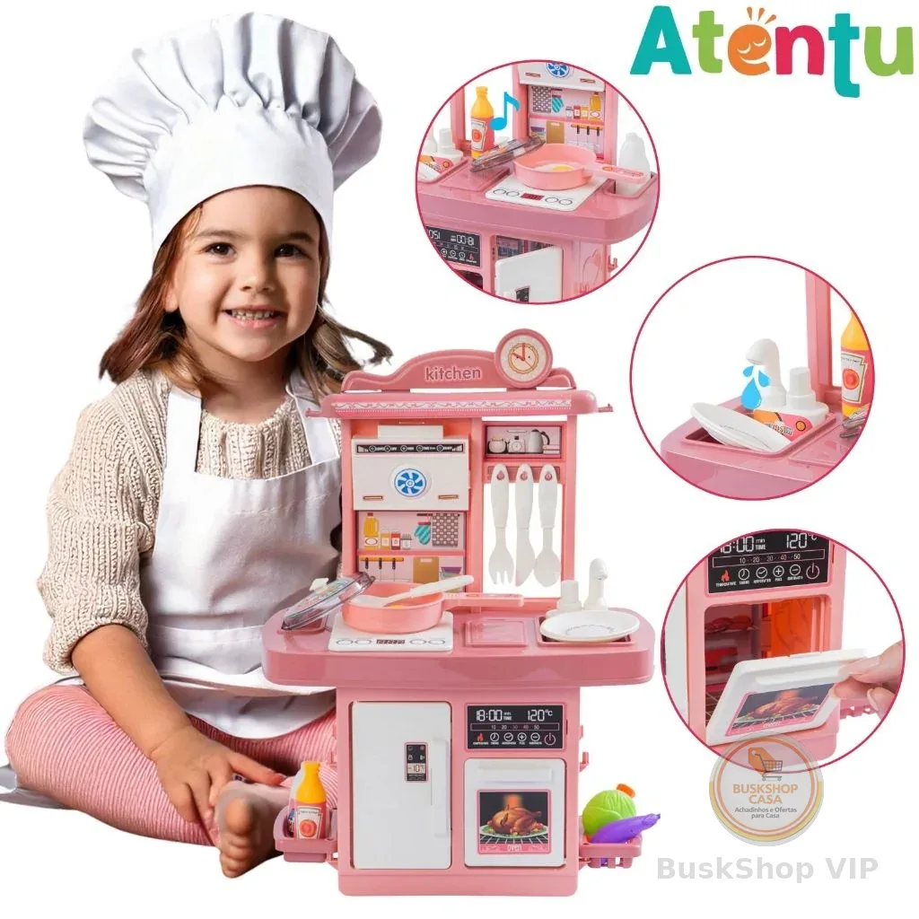 Kit Cozinha de Brinquedo Infantil Solta Água e Som Forno Pia Geladeira Panela