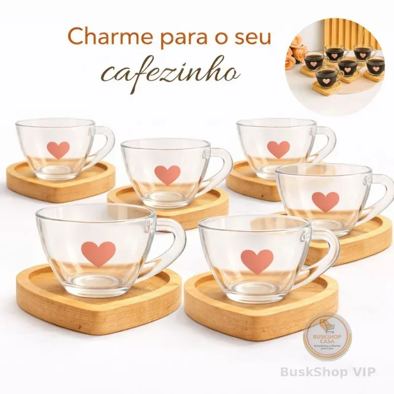 Jogo de Xícaras de Café com Pires de Madeira Coração Cantinho do Café Kit Presente Feminino