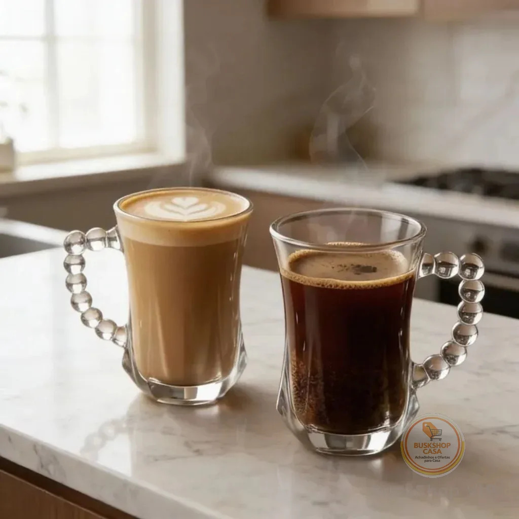 Conjunto De Xícaras Em Vidro 6 Peças Com Alça De Bolinhas Para Café E Chá Elegante