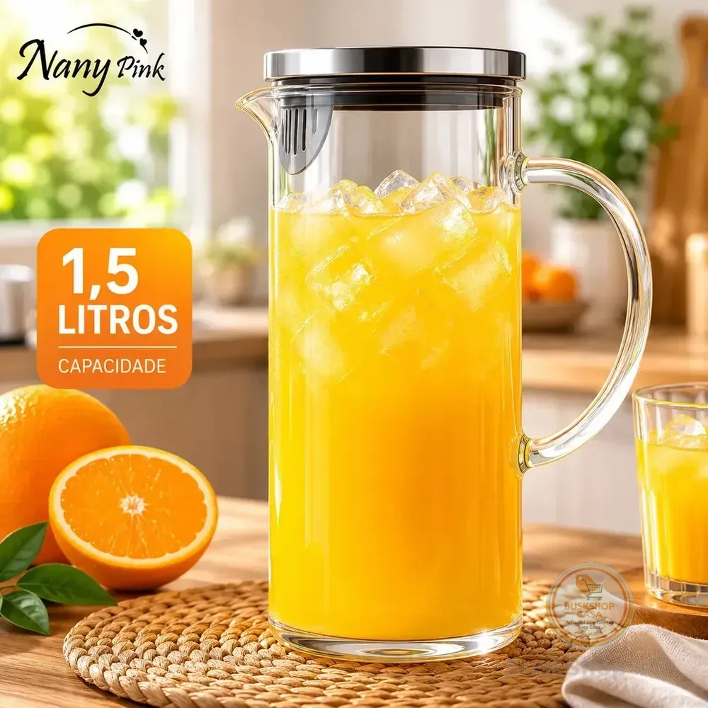 Jarra Vidro Borossilicato 1,5 Litros Tampa Inox Hermética Agua Suco Transparente - Nany Pink