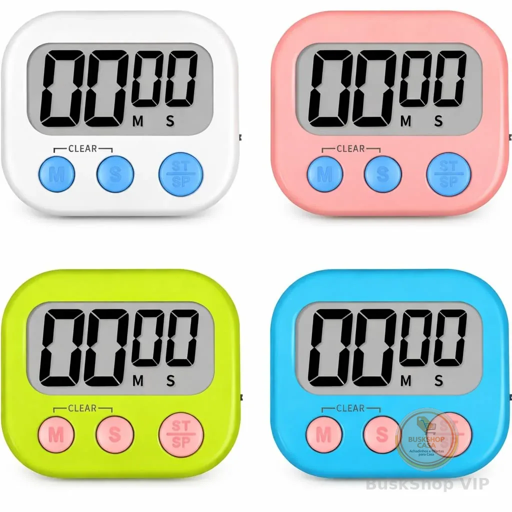 Timer Cronometro Digital de Cozinha com Ímã com Alarme e tela grande - cores sortidas: rosa, branco, amarelo e azul