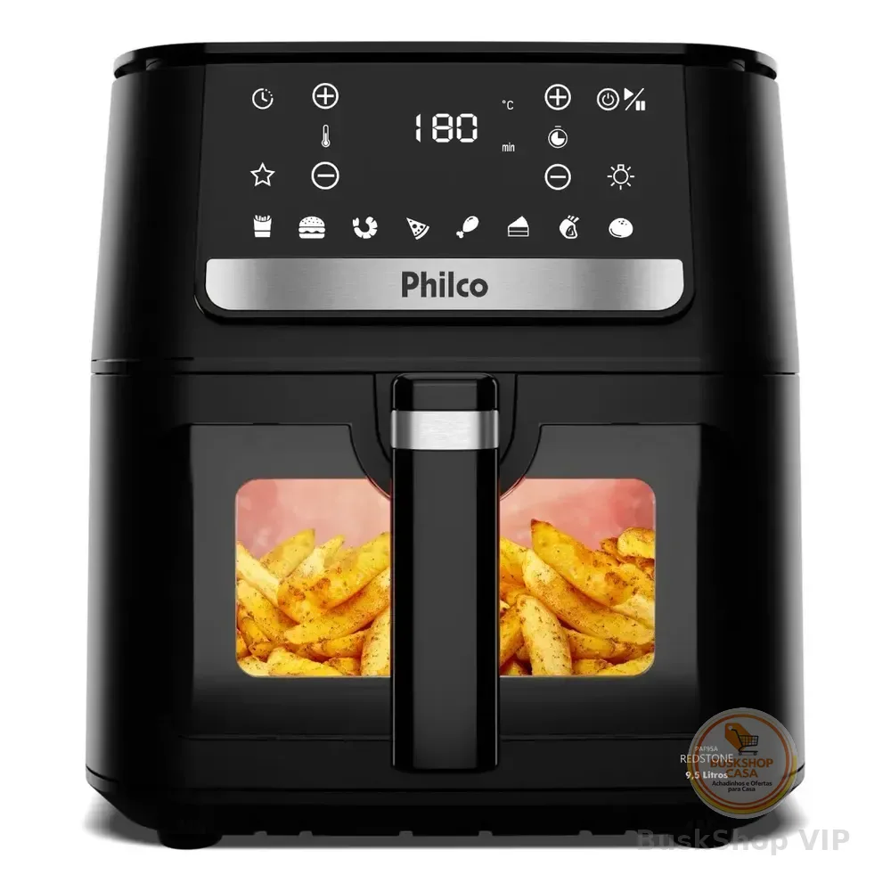 Air Fryer Philco 9,5l Visor Glass Redstone 1800w Paf95a Preto Com Acabamento Inox 220v