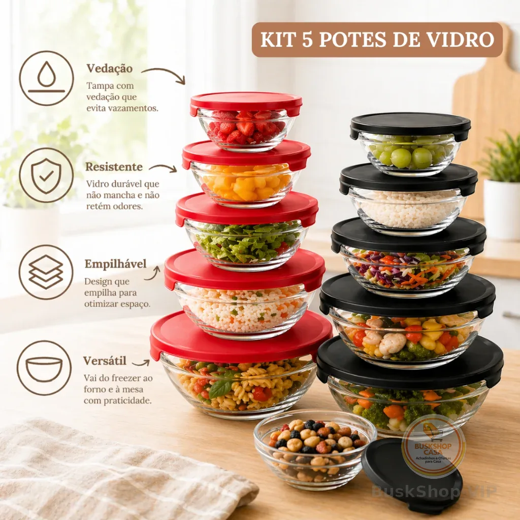 Kit 5 Potes de Vidro Hermético com Tampa Redondo Empilhável para Cozinha Marmitas Alimentos