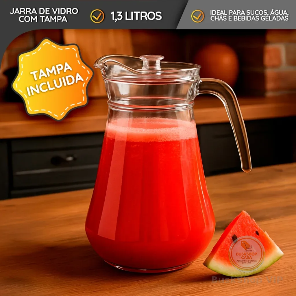 Jarra De Vidro 1,3 Litros Com Tampa Grande Litros Água Suco Drinks