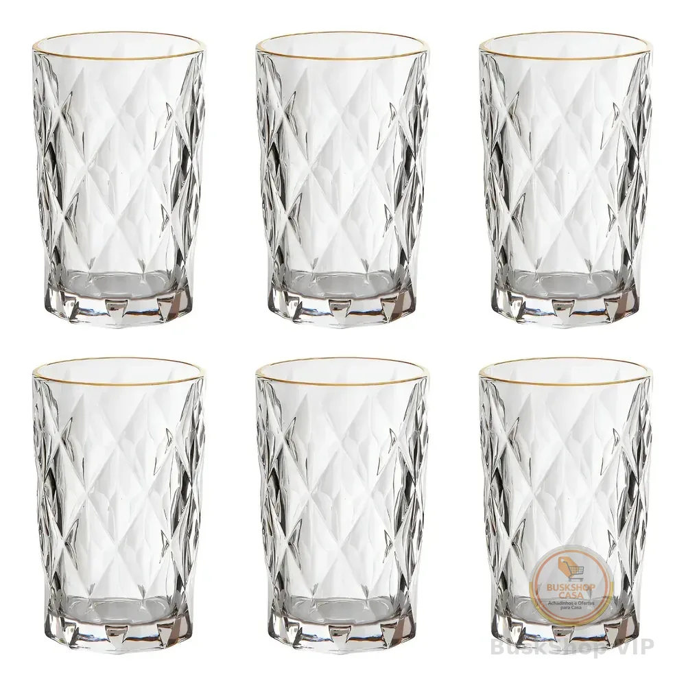 Jogo 6 Copos Altos Vidro 350ml Diamond Clear Borda Dourada Ke Home