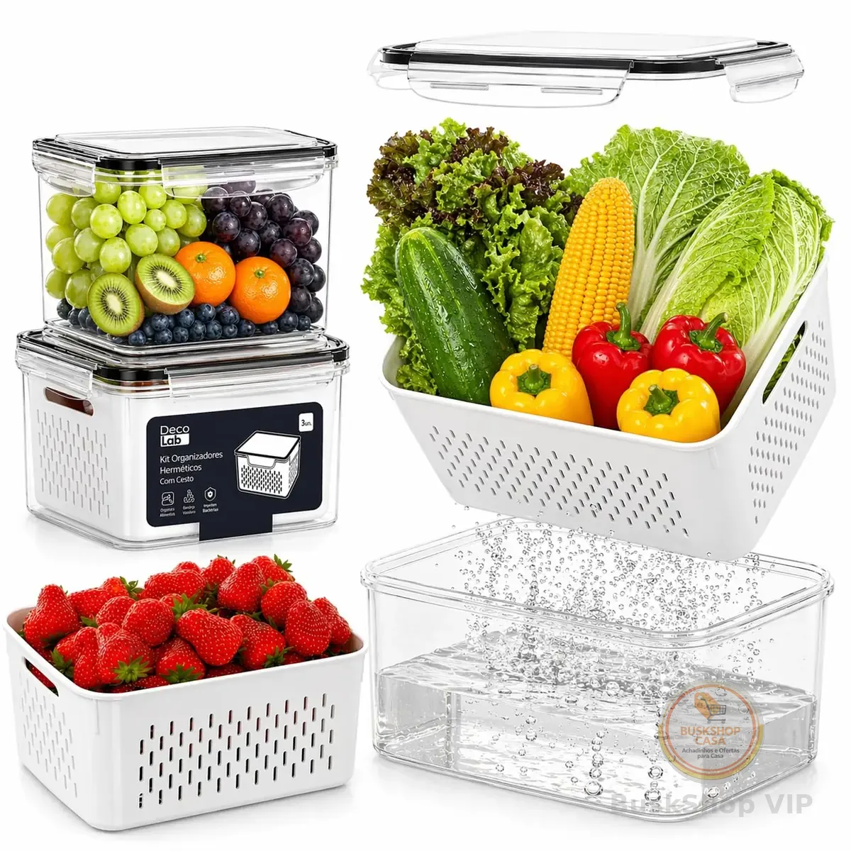 Decolab Kit 3 Potes Herméticos MaxFresh® com Cesto Interno Removível, Organizador para Cozinha e Geladeira, Multiuso, Porta Mantimentos Gerais, Plástico BPA Free