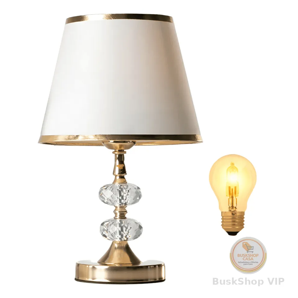 Abajur Dourado com Cúpula Branca, Sensor Touch 3 Toques e Lâmpada Halógena Dimerizável 34cm