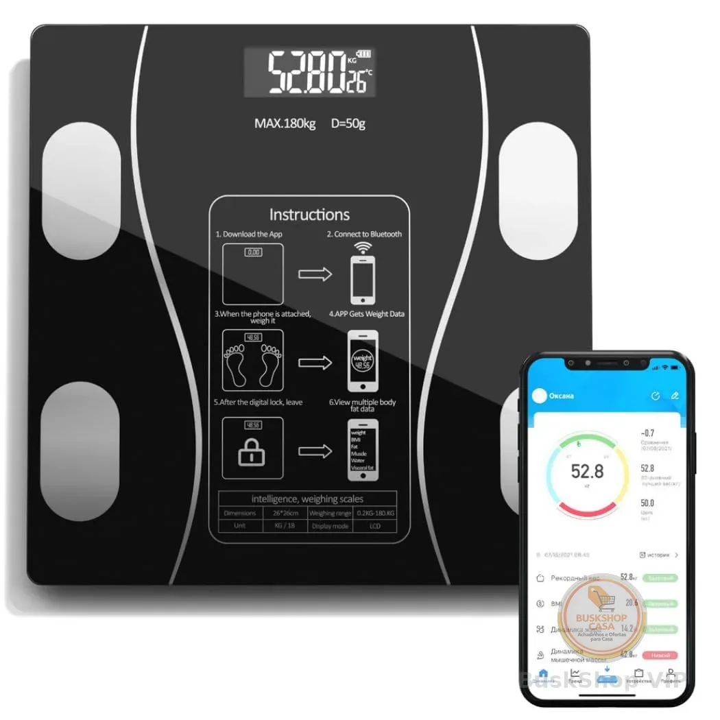 Balança Corporal Digital com Bioimpedância e Bluetooth, Pilhas AAA, Vidro Temperado, Visor Inteligente, Análise de Composição Corporal, Controle de Peso e Saúde com Aplicativo, Design Premium