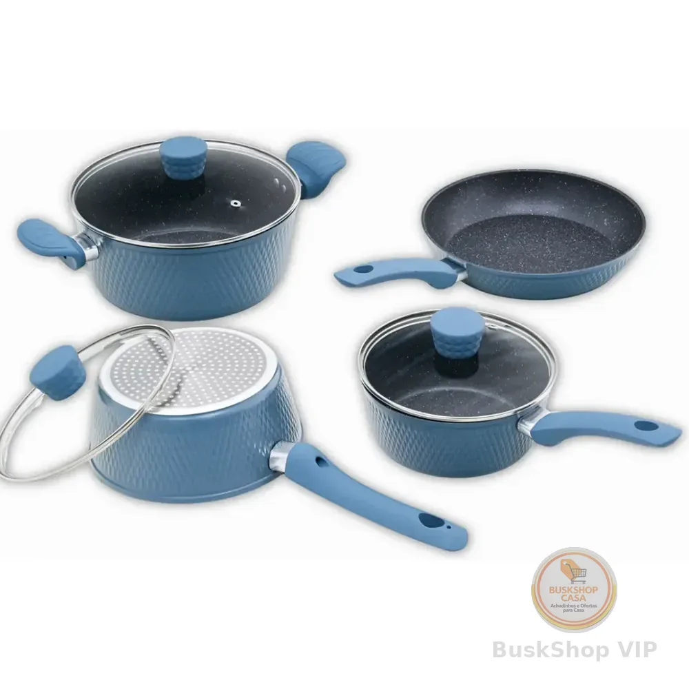 Jogo Panela Nano Granito Premiun 7 Pçs Cor Azul