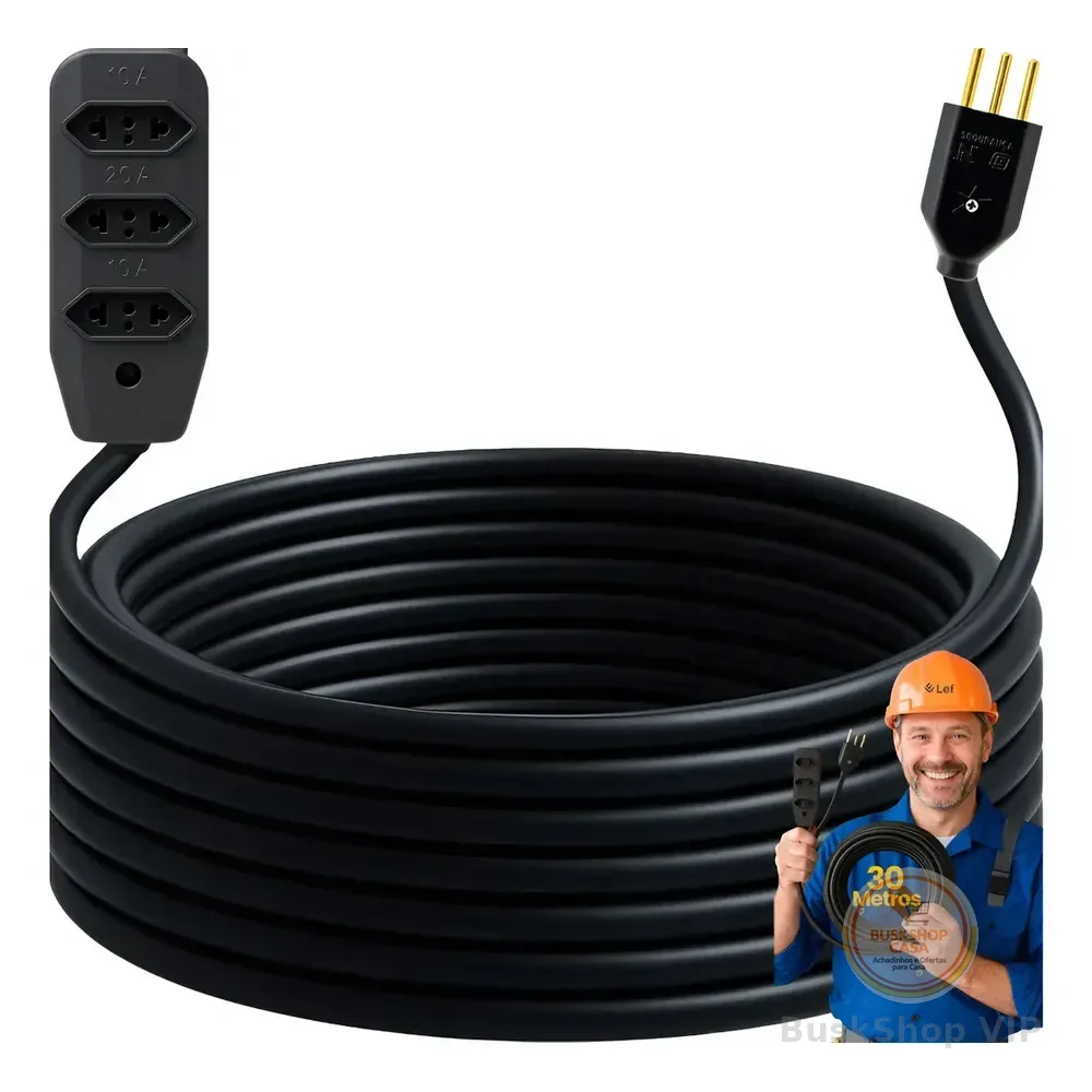 Extensão 30metros Cabo Pp Reforçada Obra Profissional 10/20a Preto 127/220v
