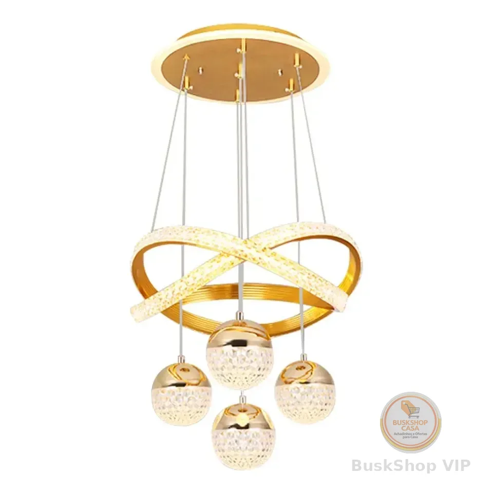 Lustres Led Pendente Moderno,luminaria De Teto 2anéis 4bolas 127/220v Dourado