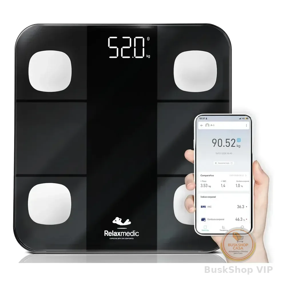 Balança Digital Corporal Bioimpedância Aplicativo Bluetooth Relaxmedic Preta