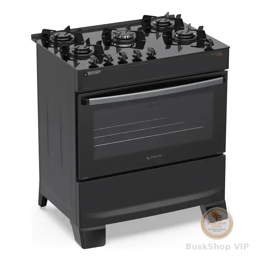 Fogão 5 Bocas Atlas Atenas Glass A Gás Com Mesa De Vidro E Mega Chama Preto Bivolt 127/220v