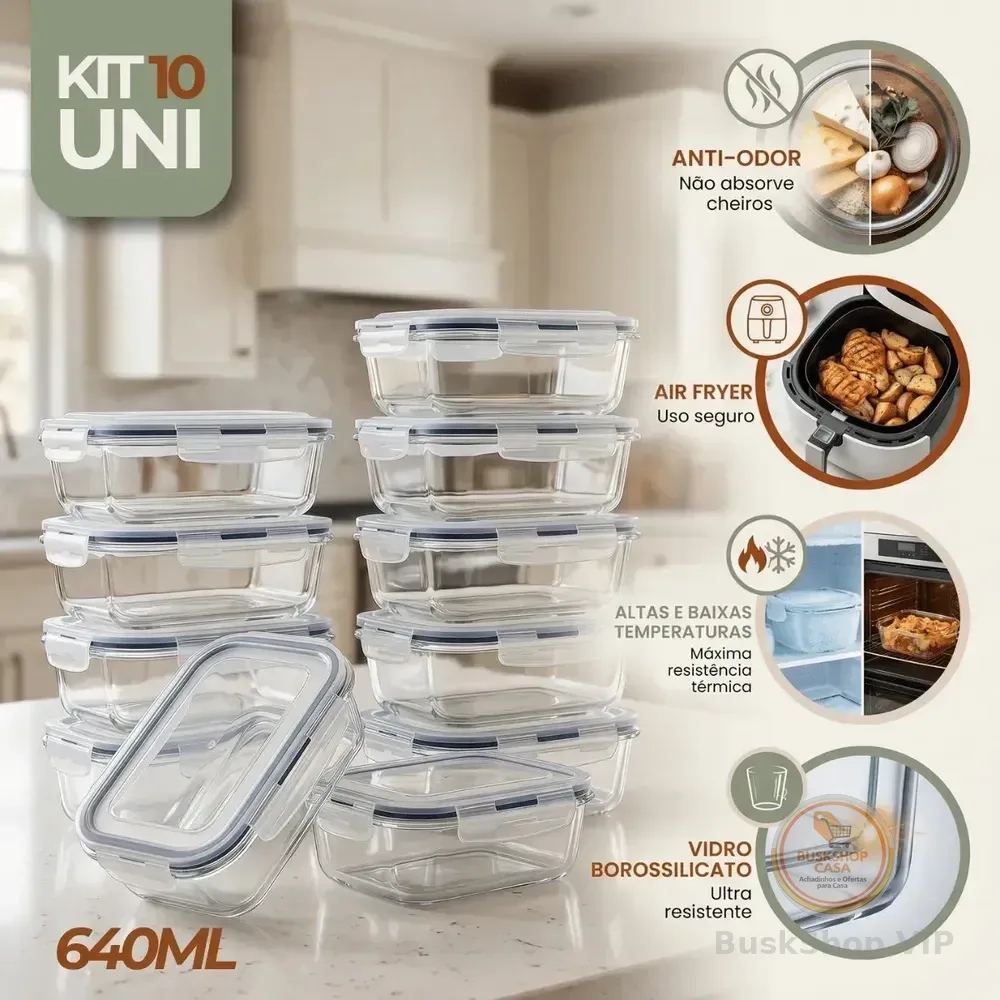 Kit 10 Pote De Vidro Marmita Hermético 640ml Freezer Fitness Rishon Azul-escuro