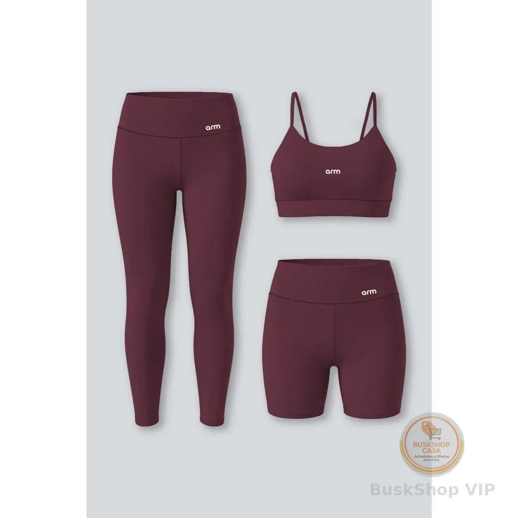 Kit Conjunto Feminino Fitness Top Alça + Legging + Short Básico Zero Transparência