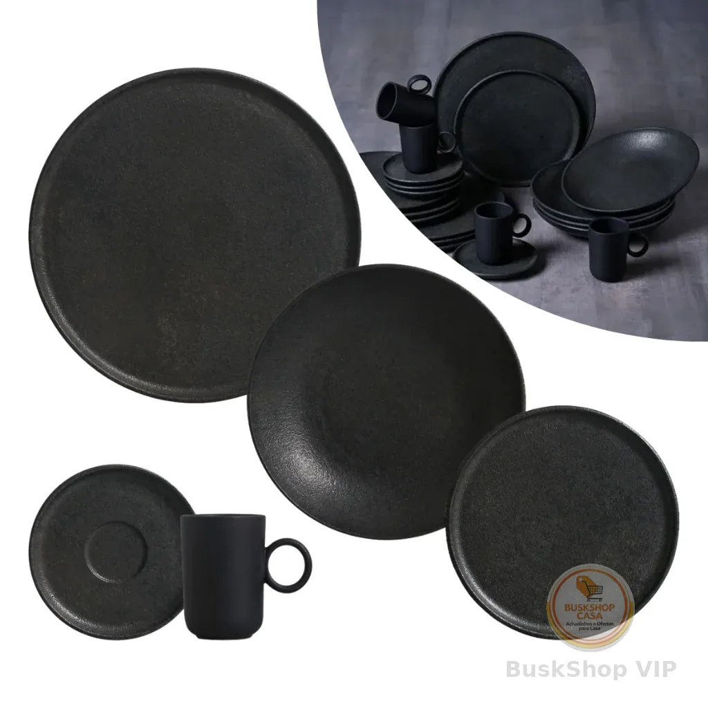 Kit Conjunto Aparelho de Jantar 20 Peças Daily Intense Preto Cerâmica Jogo Cozinha Restaurante Buffet