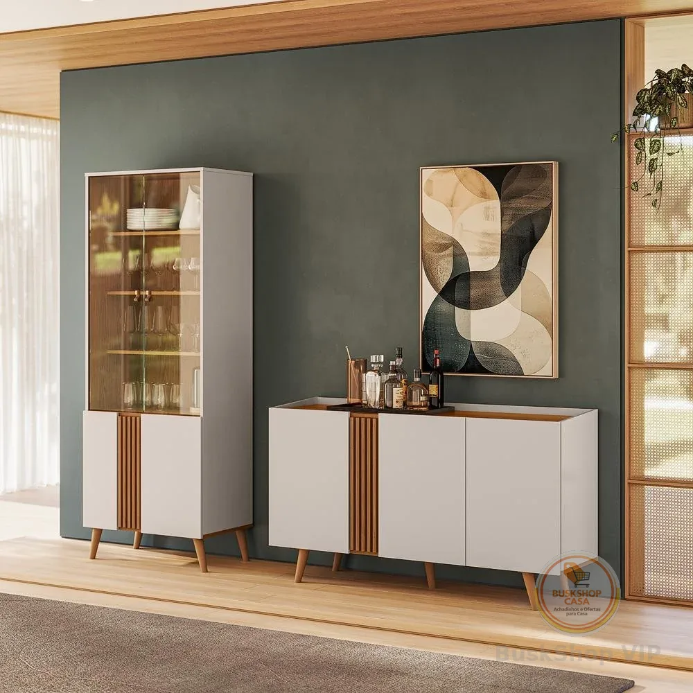 Conjunto Sala de Jantar Capri - Buffet 3 Portas + Cristaleira 2 Portas de Vidro  - Colibri Móveis
