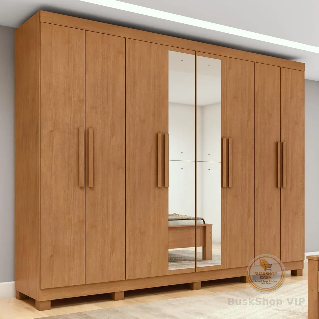 Guarda-roupa Casal Easy Slim 8 Portas Com Espelho e Pés Amendoa Clean