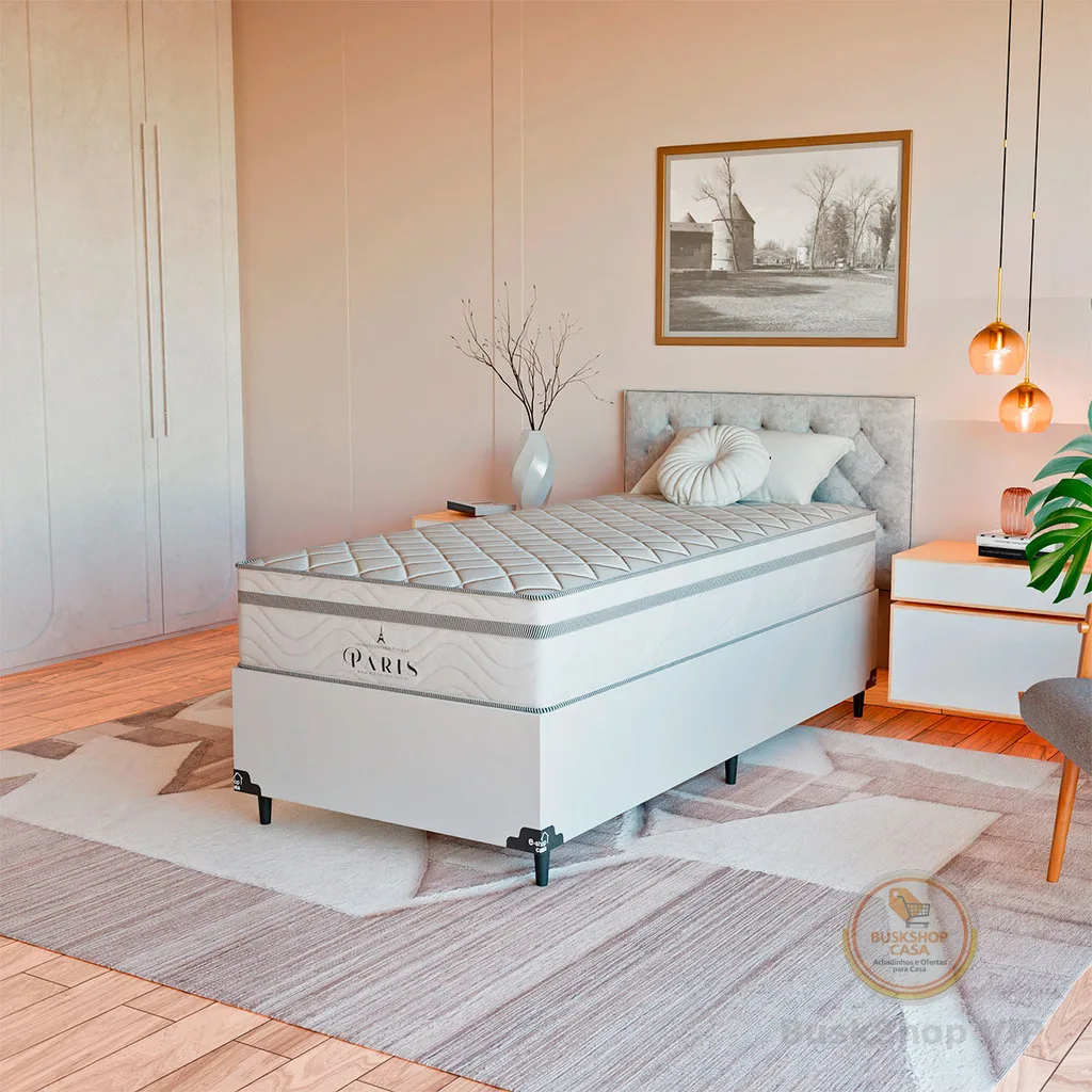 Cama Box Solteiro + Colchão Paris Molas Ensacadas Branco