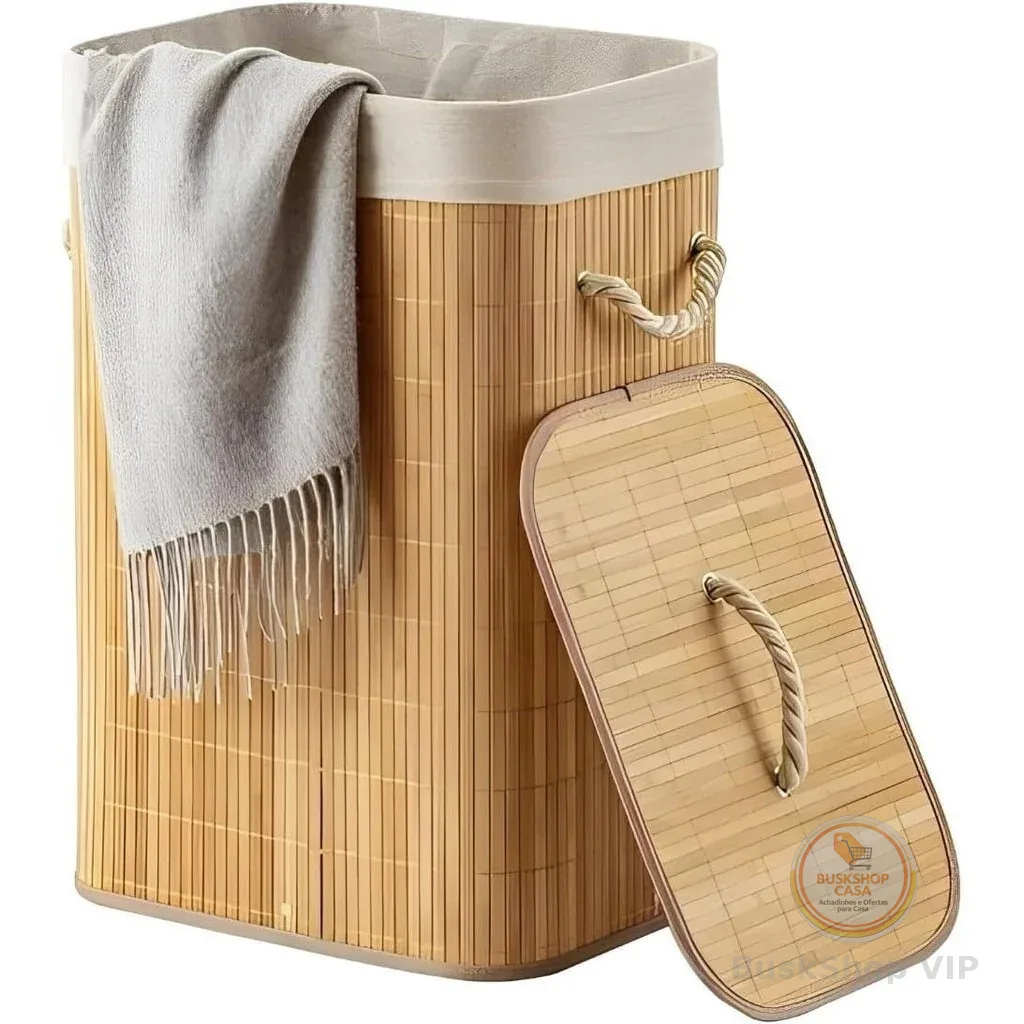 Cesto Roupa Bambu Retangular Redondo Com Tampa Cesto Oraganizador Roupa Suja Alças Bege