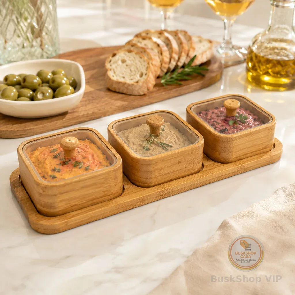 Petisqueira com 3 ou 6 Potes Tampa de Acrílico e Bandeja para Servir em Bambu Natural Pronta Entrega