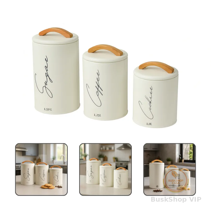 Kit 3 Potes Herméticos Mantimentos Lata Com Tampa E Alça Em Bambu Açúcar Café E Cookies