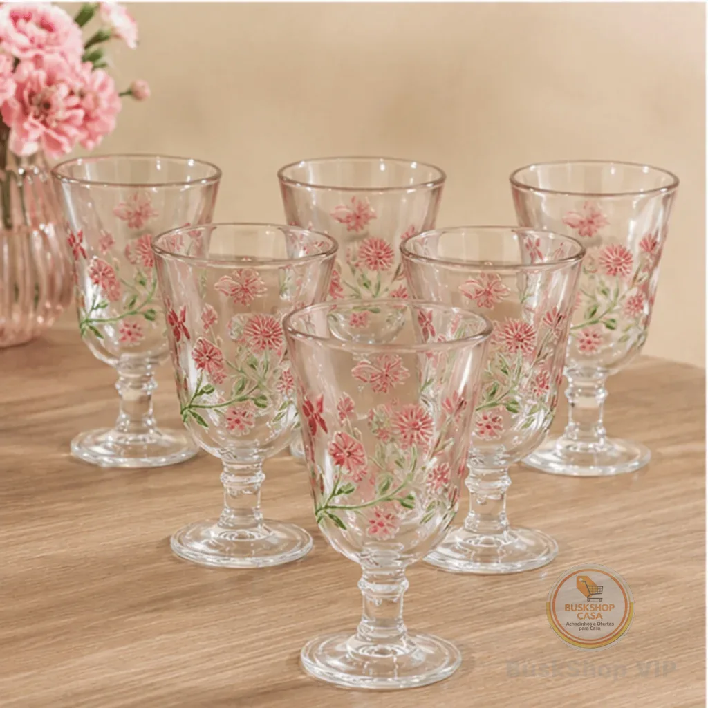 Jogo 6 Taças Para Água Lys Floral 240ml Lyor Vidro Decorado Hand Painting Rosa Premium