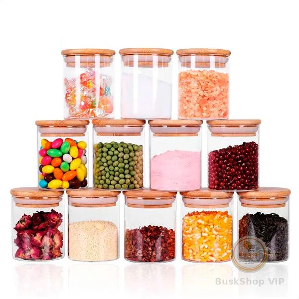 Kit com 12 Potes 200ml de Vidro Herméticos Organizadores de Cozinha Tampa Bambu Etiqueta e Caneta