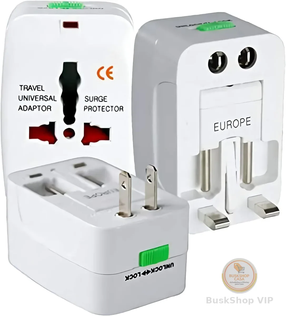 Adaptador de Tomada Universal Para Viagem Padrão Internacional Europa UK Asia EUA JP AU EU Europeu 3 Pinos Mais de 150 Países Bivolt Trava de Segurança Portátil Ajustável Super PREMIUM