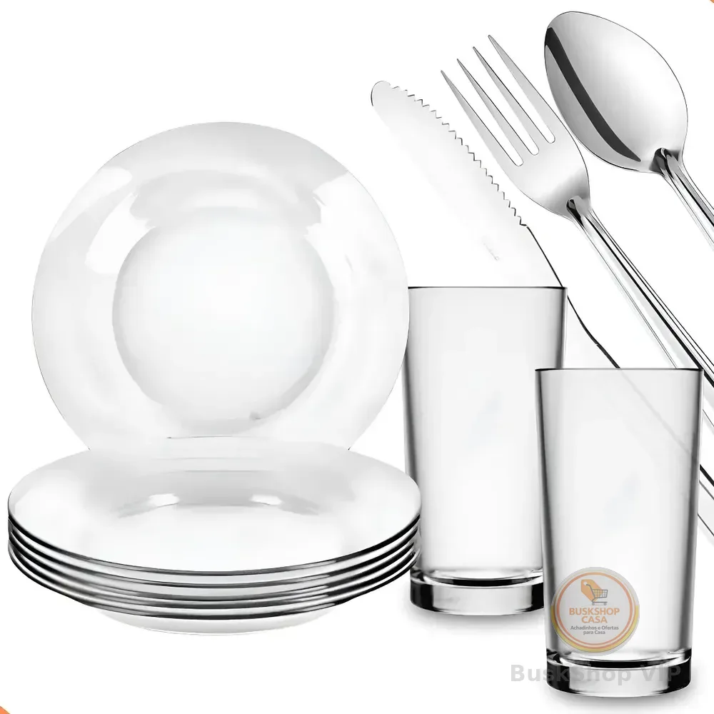 Aparelho De Jantar 30 Peças - Pratos + Copos + Talheres Inox